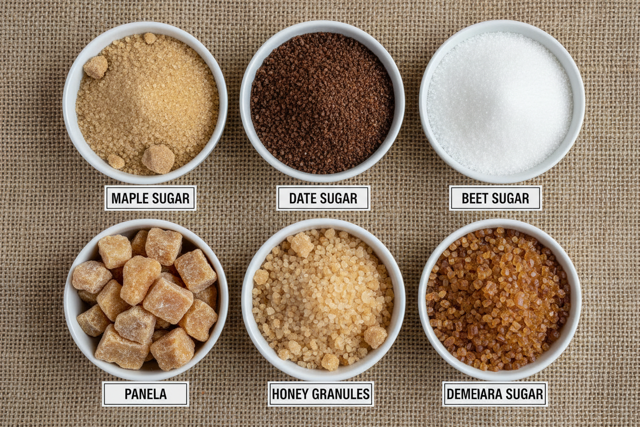 small mixing bowls of maple sugar, date sugar, beet sugar, panella, honey granulates,demerara sugar, all labeled in standard american english and a burlap sack background i want all the sugars to be visable
